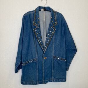 Vintage Women’s Denim Bedazzled Blazer Jacket Embellished EUC Sz M Relaxed Fit